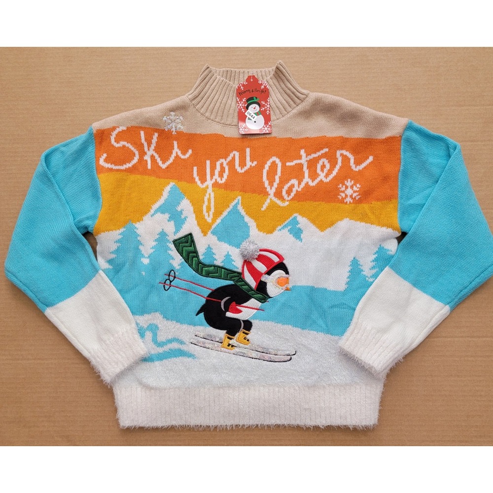 Major Major Ski You Later Penguin Christmas Sweater Blue Orange Sequin M NWT